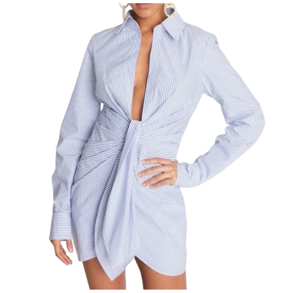 Nautical Striped Knotted Mini‎ Shirt Dress Deep V-Neck Long Sleeve Choosy Size 6
